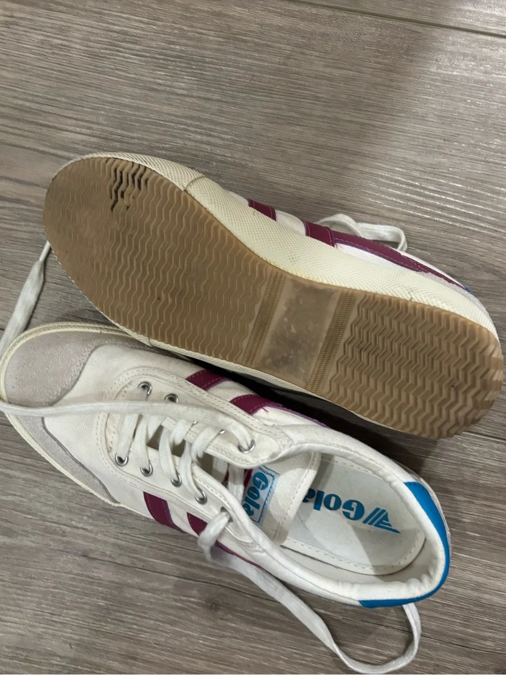 Gola White Sneakers with Burgundy Stripes and Blue Heel Tab